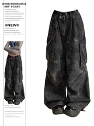 Women Goth Dark Academia Jean Grunge Japanese Abi Y2K Denim Cargo Pants 2000s Grunge Goblin Core Harajuku Cyber Punk Baggy Tide