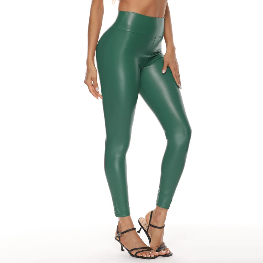 Dames wetlook rekbare groene PU lederen broek skinny legging potloodbroek mode sexy casual slanke clubwear dame broek