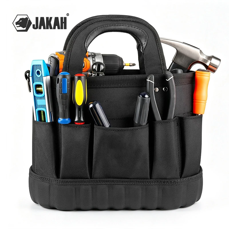 jakah-tool-bags-oval-tool-tote-tool-bag-in-black-14-pockets-removable-padded-shoulder-strap-123989