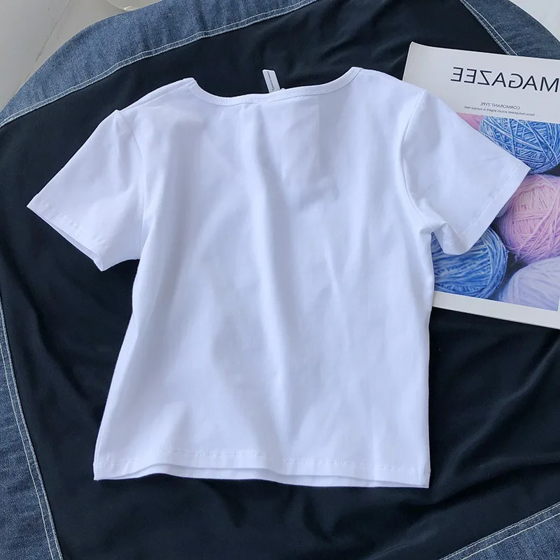 Women T-Shirt Lady Short Sleeve V-Neck Solid Color Cropped T-Shirt Girl Student Summer Slim High-Waist Belly-Button Top T-Shirt