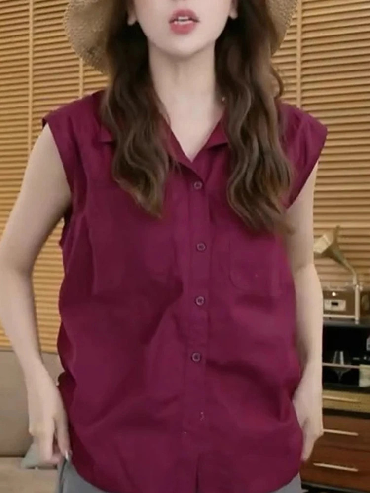 Pure Color Sleeveless Vest Top Shirt Slimming Loose Single Button Casual Anti-Aging Retro Style Summer New Arrival Women's Fa...