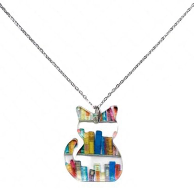 Cat Necklace  Gold Cat Book Earrings Cat And Book Necklace With Books Book Themed Cat Necklace 1 Piece