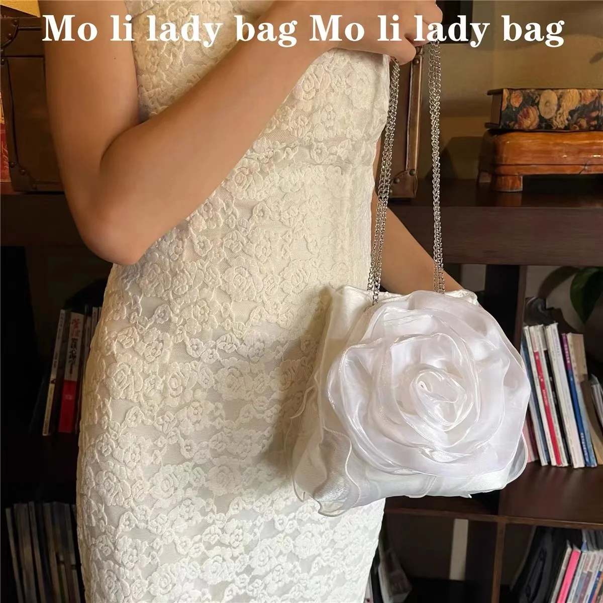 Solid White Rose Floral Bucket Bag Women Fashion Handbag Luxury Evening Bag Wedding Party Clutch Purse Female Shoulder Bag