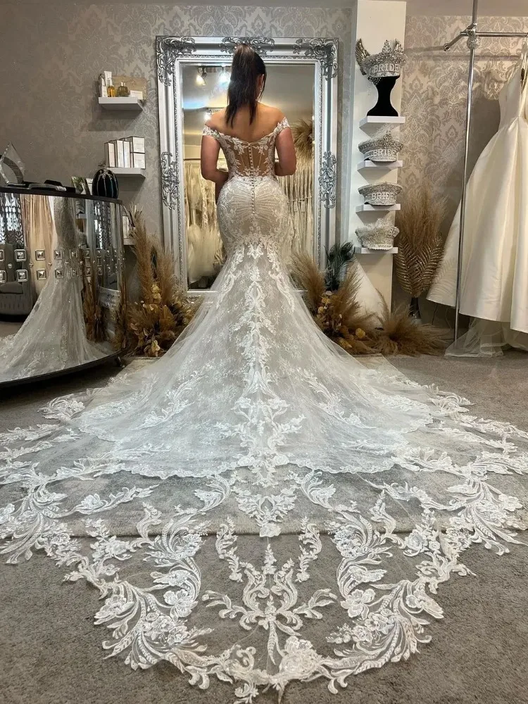 Boho Lace Appliques Mermaid Wedding Dresses for Bride Off the Shoulder Appliques Tulle Bridal Gown vestido de novia