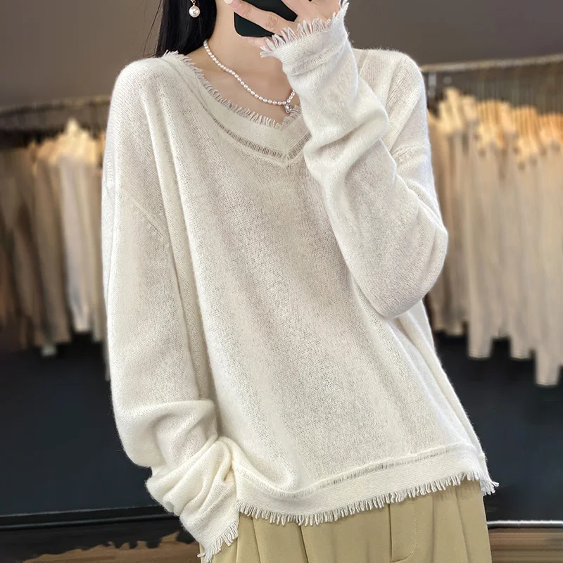 Women's V-Neck Knitted Cashmere Sweater, Loose Pullover, Short, Long Sleeve, Bottoming, Thin, New, Autumn and Winter