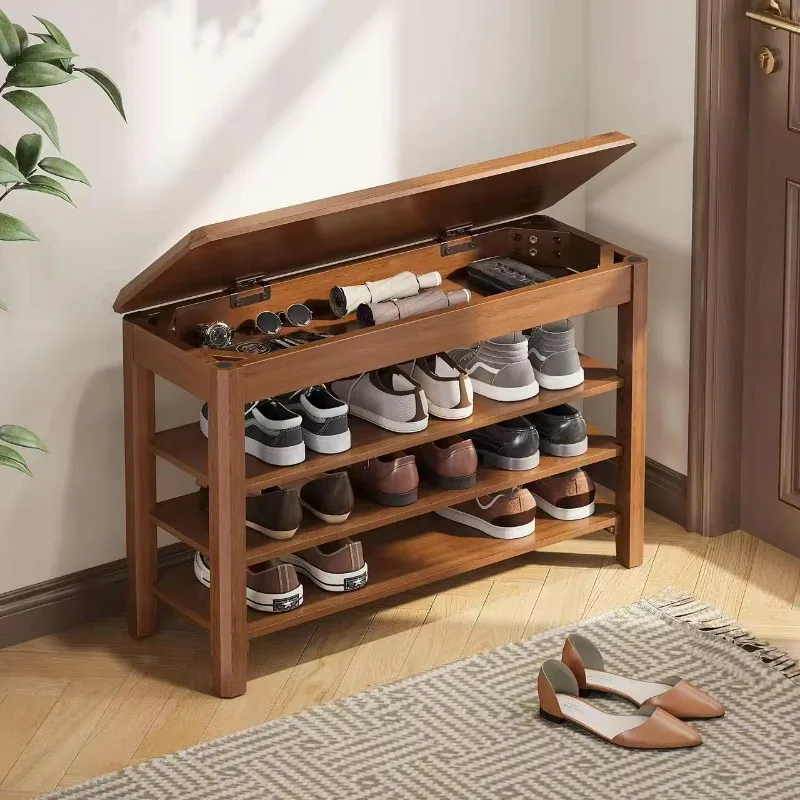 Wooden shoe changing stool, shoe cabinet at the door of the home, integrated stool, you can sit at the door, shoe stool flip cov