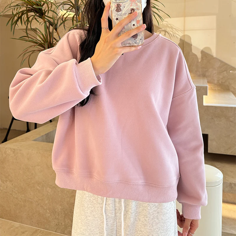Fleece Warme Herbst Winter Pullover Sweatshirt Farbe Oansatz Pullover Einfache Vielseitige Lose Frau Kleidung Tops