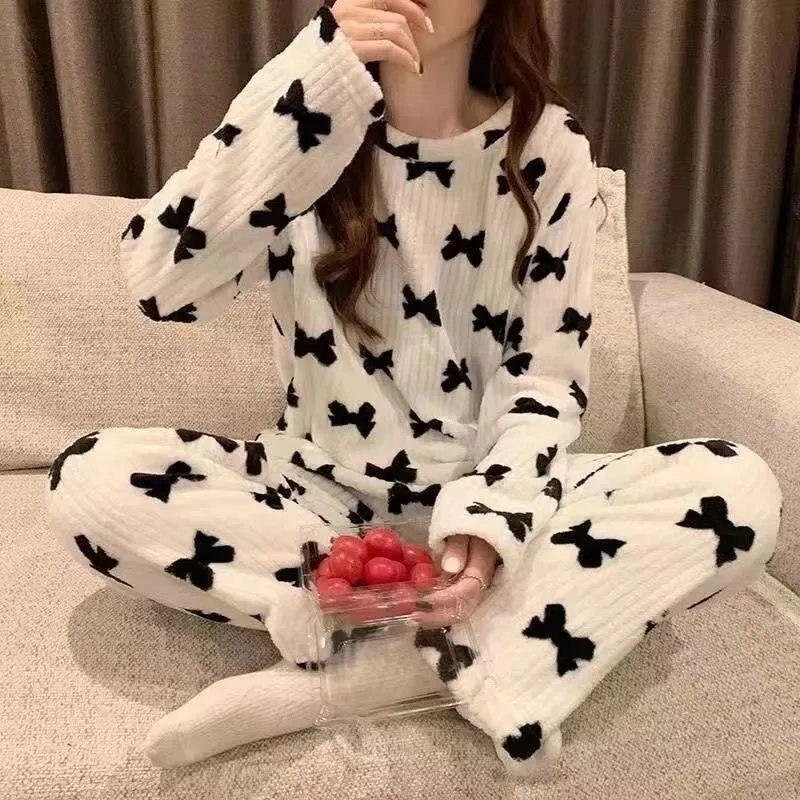 Thickened Warm Coral Velvet Pajamas Loungewear Female Autumn and Winter Long-Sleeved Bow Tie Padded Women\'s Nightwear Home Wear