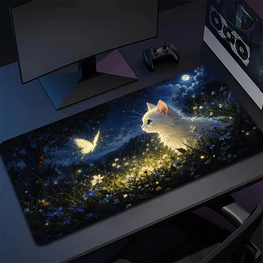 Cute White Kitten Large Mouse Pad Night Meadow Butterfly Moon Flower Oil Painting Art Desk Mat for Home Office Gaming Desktop