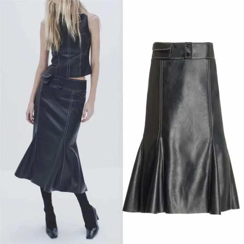 Autumn Winter New Women Black Leather Skirt Low Waist Mid length PU Leather Skirt Stylish Female Fishtail Skirt Y4463