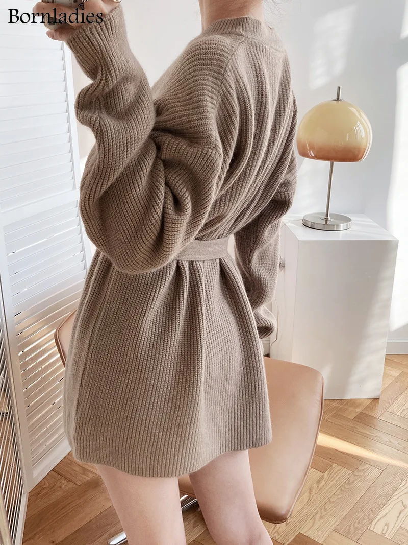 Bornladies Vintage O-neck Ladies Sweater Dress 2022 Autumn Winter Warm Loose Full Sleeve Solid Knitting Women Dresses Vestidos