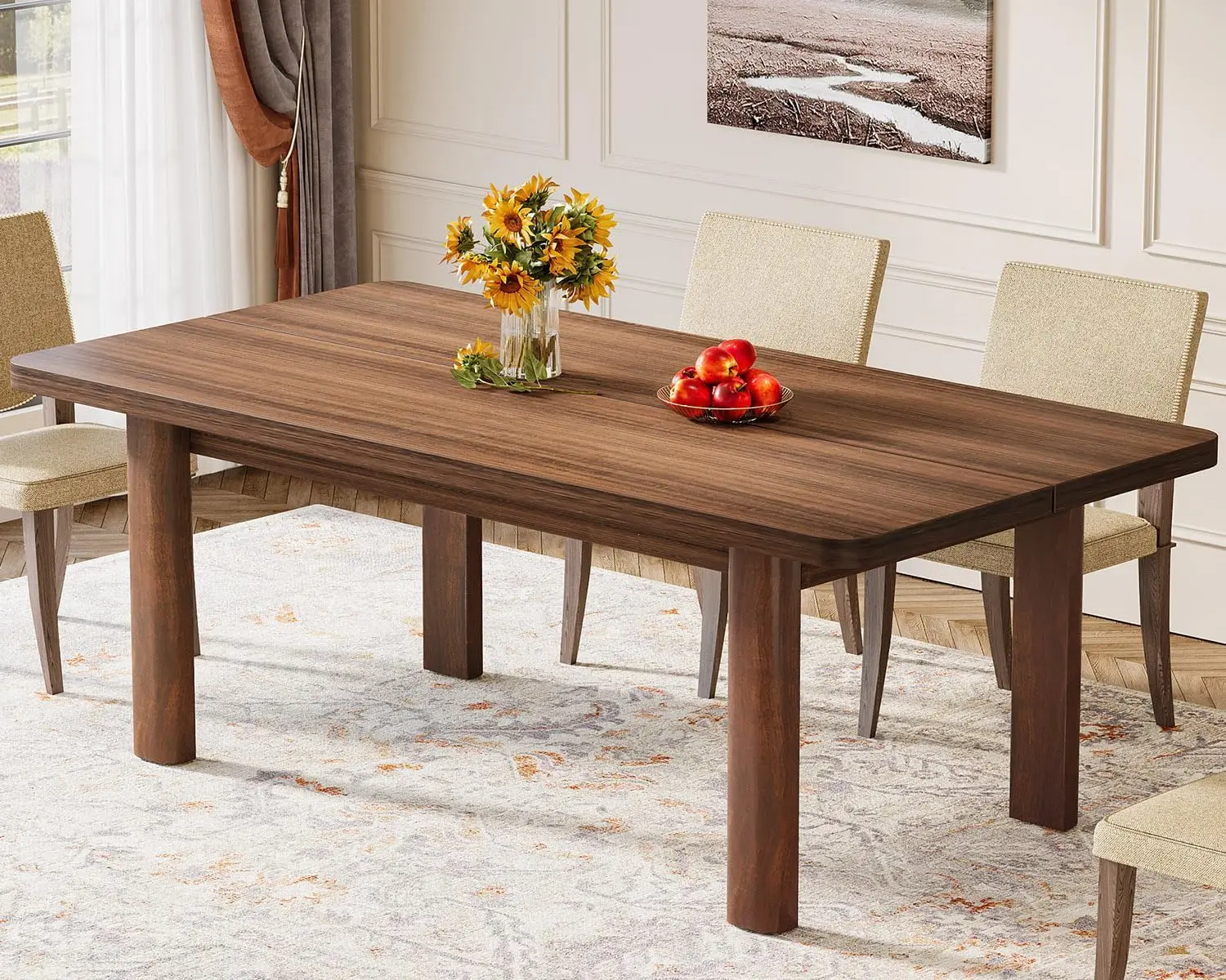 Farmhouse Dining Table for 4-6 People, 63-Inch Wood Kitchen Table with Solid Wood Legs, Rectangular Dinner Table for Dining Room