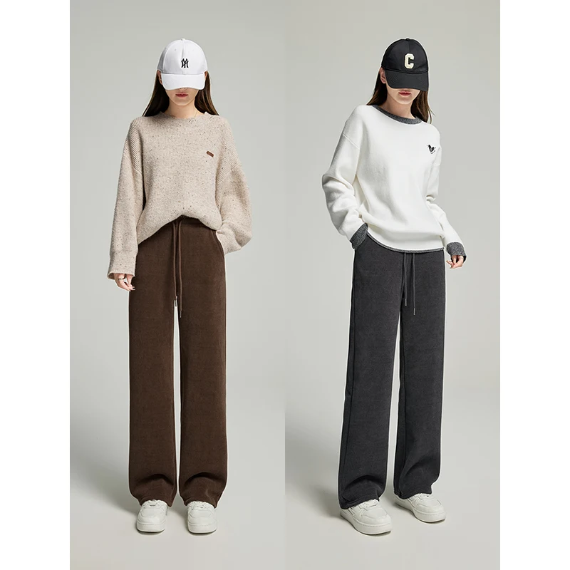 Toyouth-pantalones de chándal gruesos de felpa para mujer, pantalón holgado recto de pierna ancha con cordón en la cintura, cómodo e informal, suave, invierno, 2024