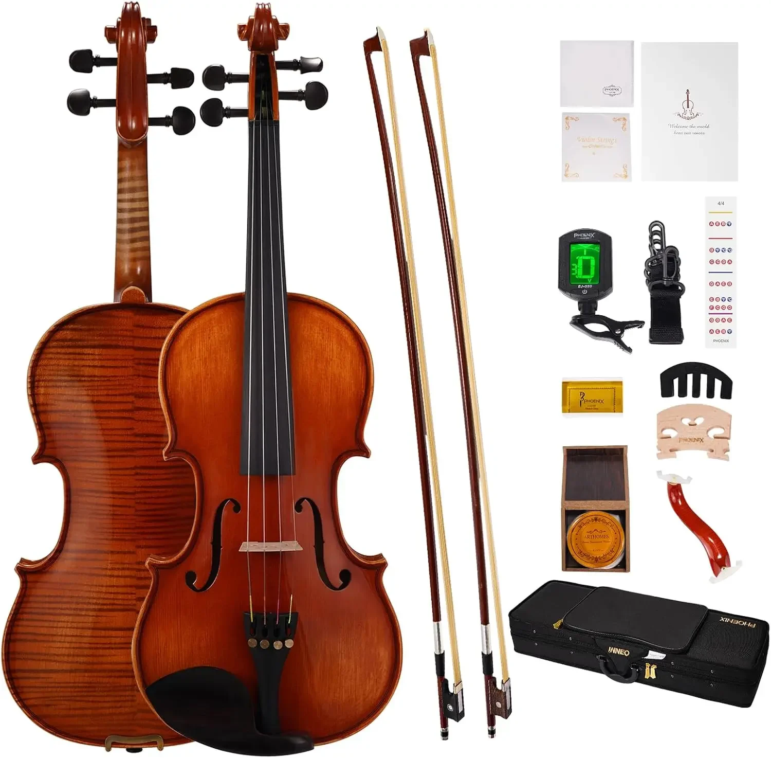 Violin 4/4 Full Size Set, Fiddle Solid Wood for professional Beginners Adults Kid with Ironwood Octagonal Bow & Rosewood