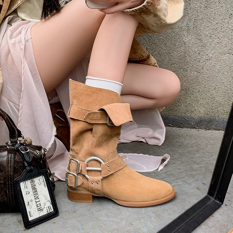 

Arden Furtado Autumn brown Cow suede Belt buckle Mid-Calf boots Round toe pull-on Middle heel Motorcycle boots Women's boots