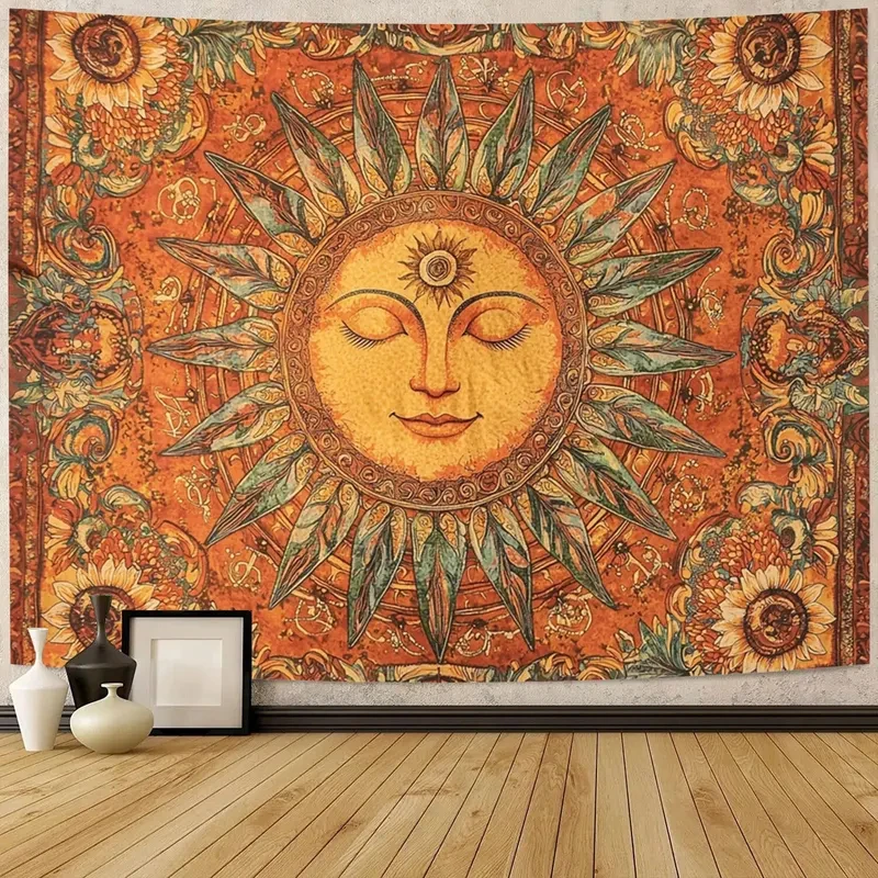 VIKAMA Boho Sun Tapestry, Vintage Orange Celestial Sunflower Print Wall Hanging for Bedroom Dorm Living Room Home Decor