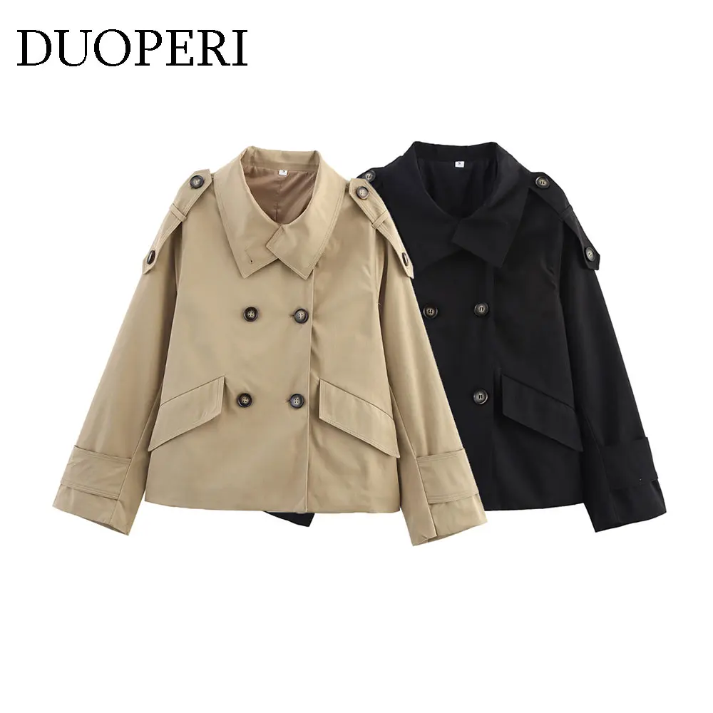 

DUOPERI Autumn Women Fashion Short Overcoat Lapel Collar Long Sleeves Trench Coats Female Chic Lady Casual Outwear
