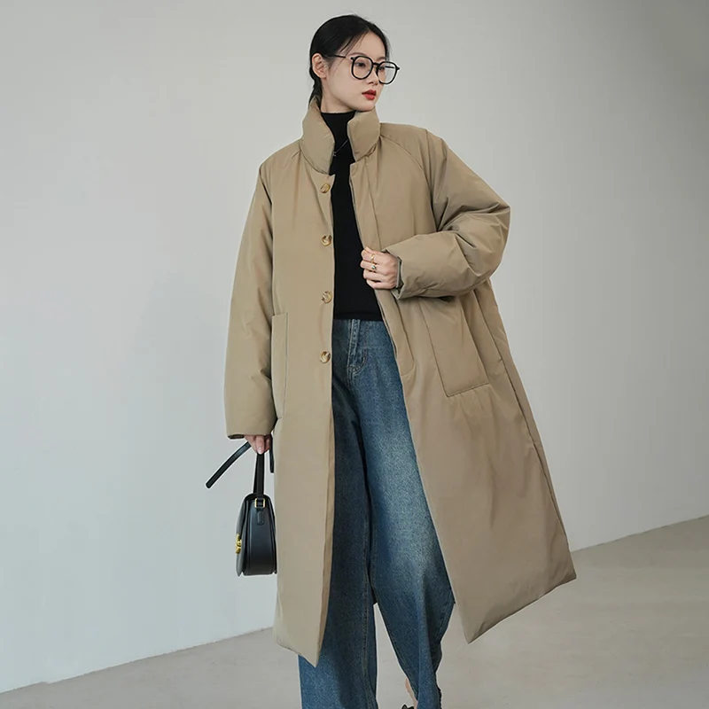 

2025 Winter Long Padded Cotton Coat Women Trend Oversized Loose Stand Collar Parkas Woman Temperament Button Big Pocket Jacket