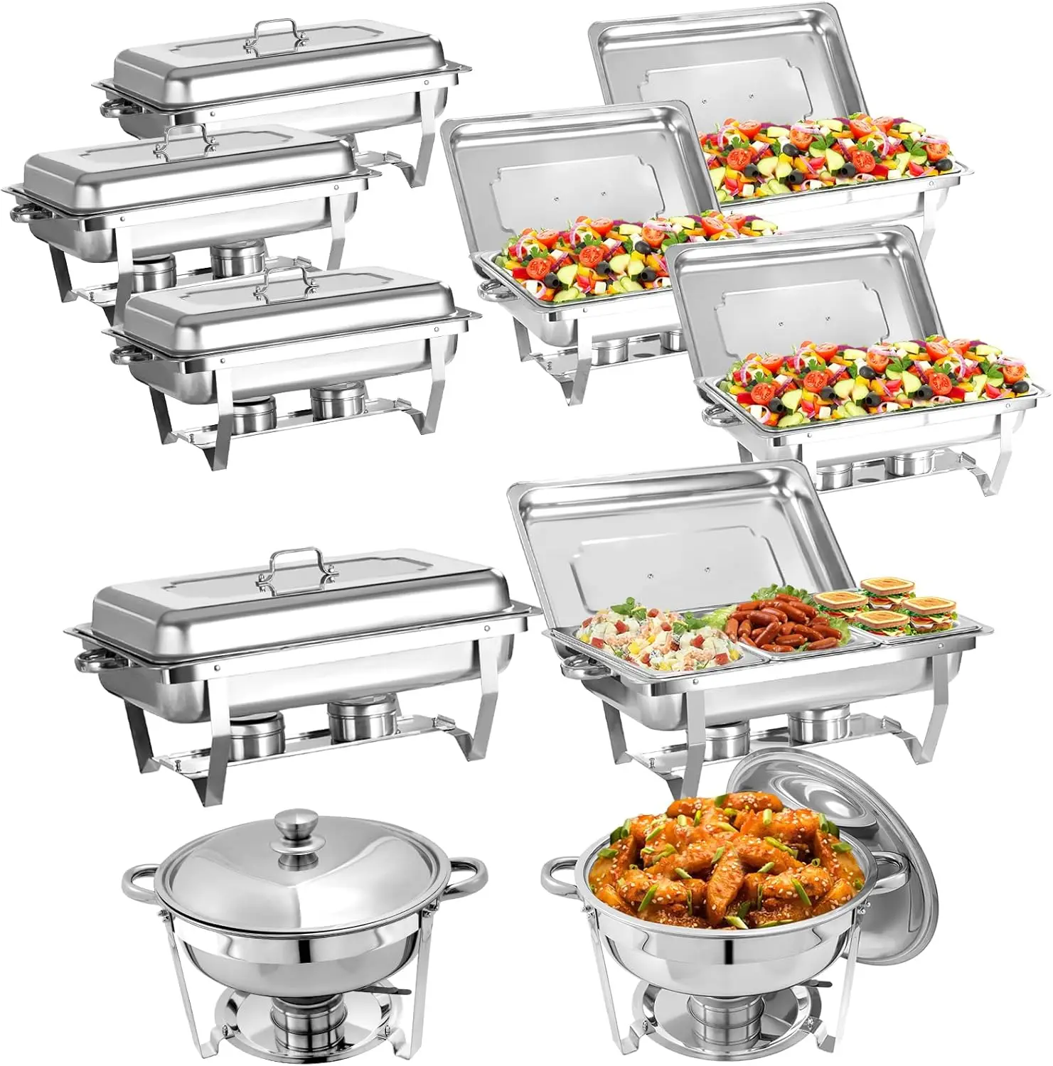 10 Pack Chafing Dish Buffet Set, Stainless Steel Catering Food Warmer For Banquet, Parties, Wedding (6 Packs 8Qt 1/1 Pan + 2