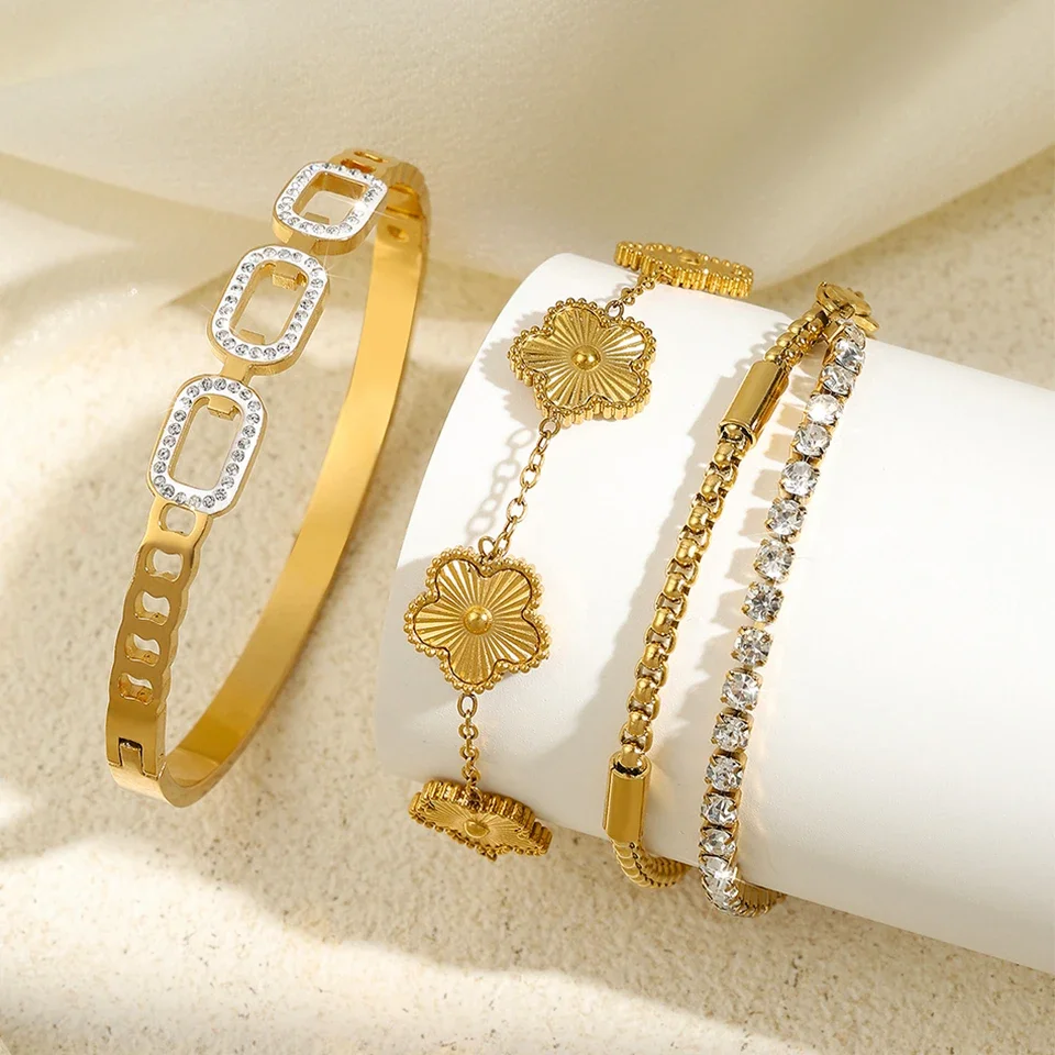 

3Pcs Gold Color Stainless Steel Stacked Bracelet Bangles for Women Geometric Five-Leaf Flower Zircon inlaid Bracelet Gift