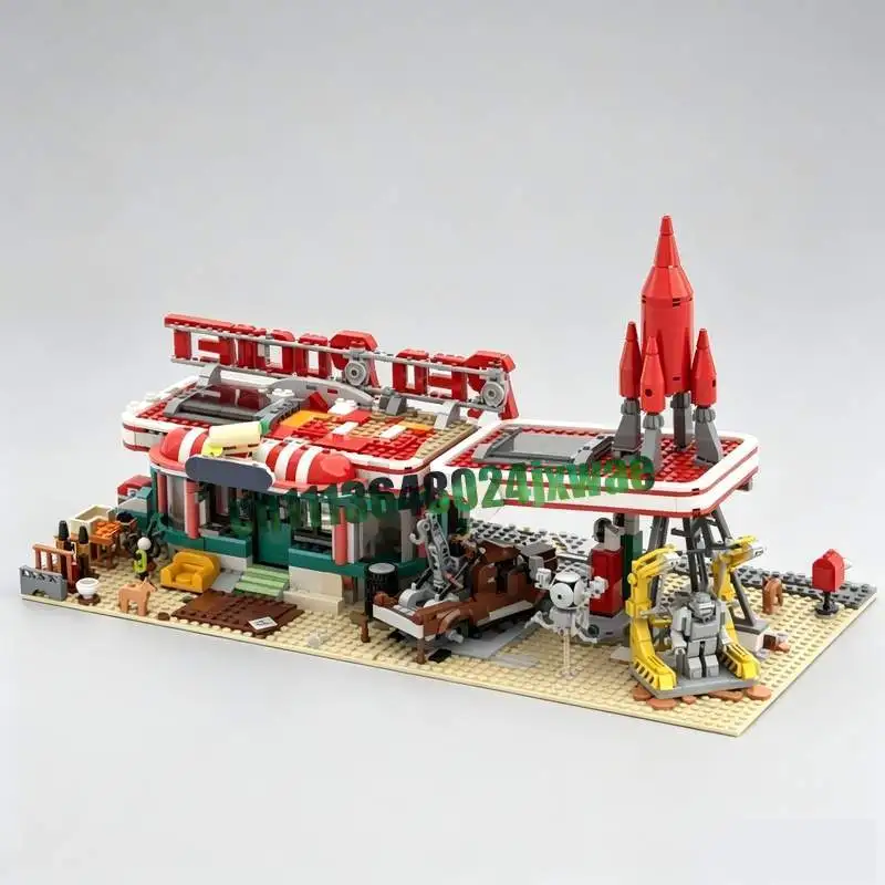 1996PCS Red Rocket Modular Gas Station MOC Model Custom Puzzle Retro Street View DIY Creative Assembly Building Blocks Toy Gift