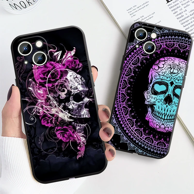 Roses Skull Art Cool For iPhone 15 14 13 12 11 XS XR X 8 7 SE Pro Max Plus Mini Black Funda Phone Case