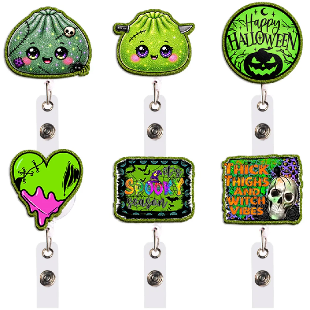 Cute Green Frog Badge Reel Retractable ID Holder Pumpkin Spider Butterfly Witch Hat Gift for Party Cosplay Festival