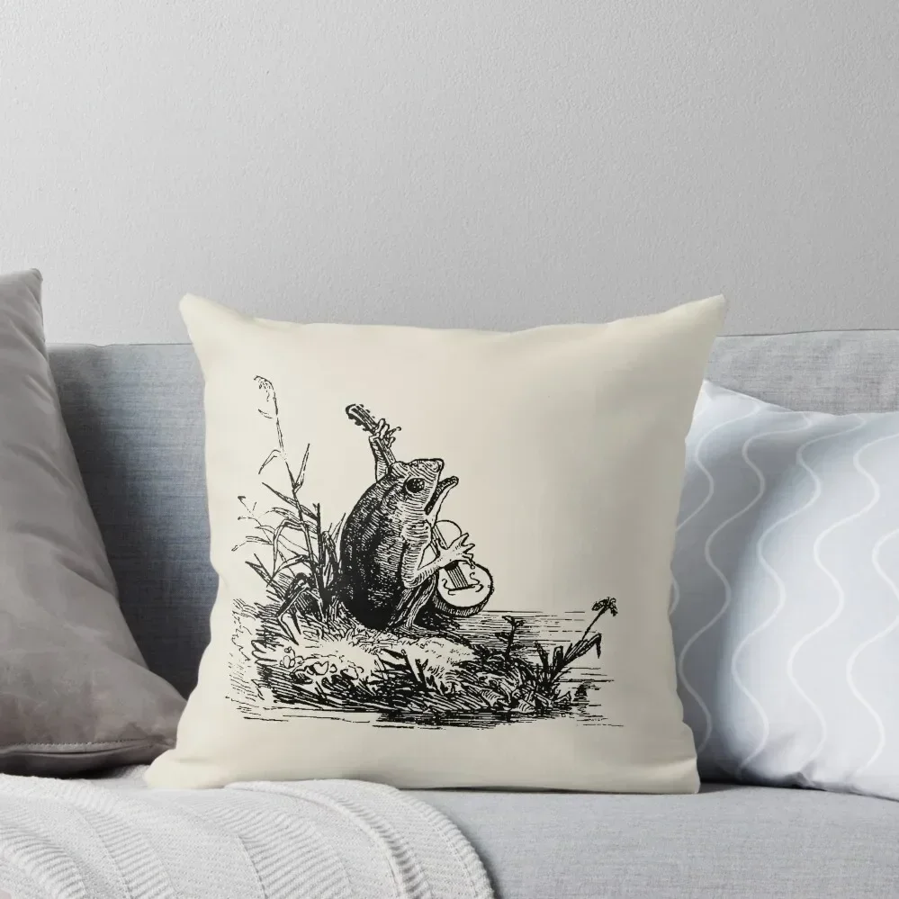 Cottagecore Aesthetic with Vintage Banjo-Playing Froggy, Goblincore Guitar Animal, Emo Frogge Serenade, Singing Toa Throw Pillow