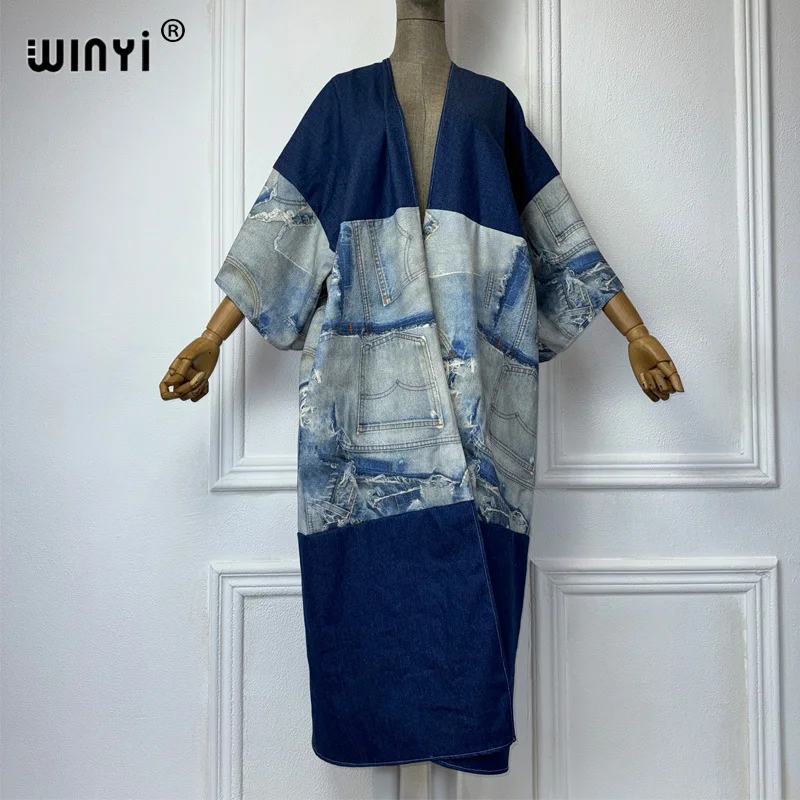 WINYI Kimono Printed denim patchwork wash denim Cardigan maxi Dress elegant Holiday Swimming beach Cover Up fashion dress abaya