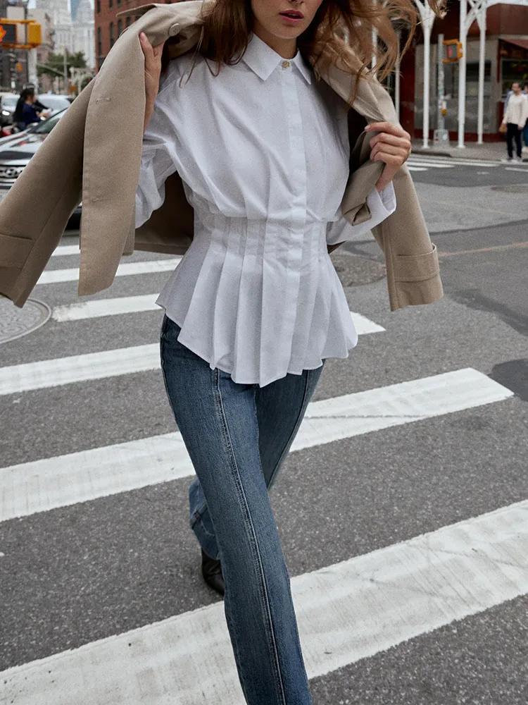 甘い色合いのプリーツシルク女性用カジュアルルーズフィットロングスリーブ折り返し襟伝統的なスタイル新作2025年秋