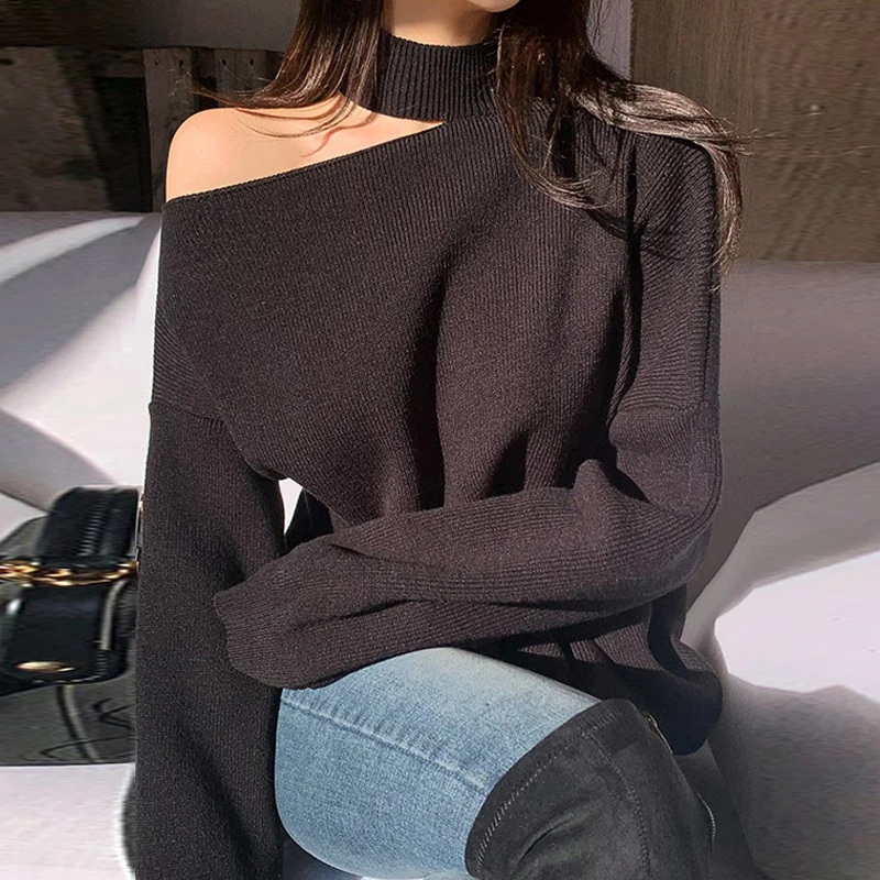 

Осень-зима, женский сексуальный повседневный длинный вязаный свитер свека Ne, висящий на одно плечо, мягкий уютный вязаный топ