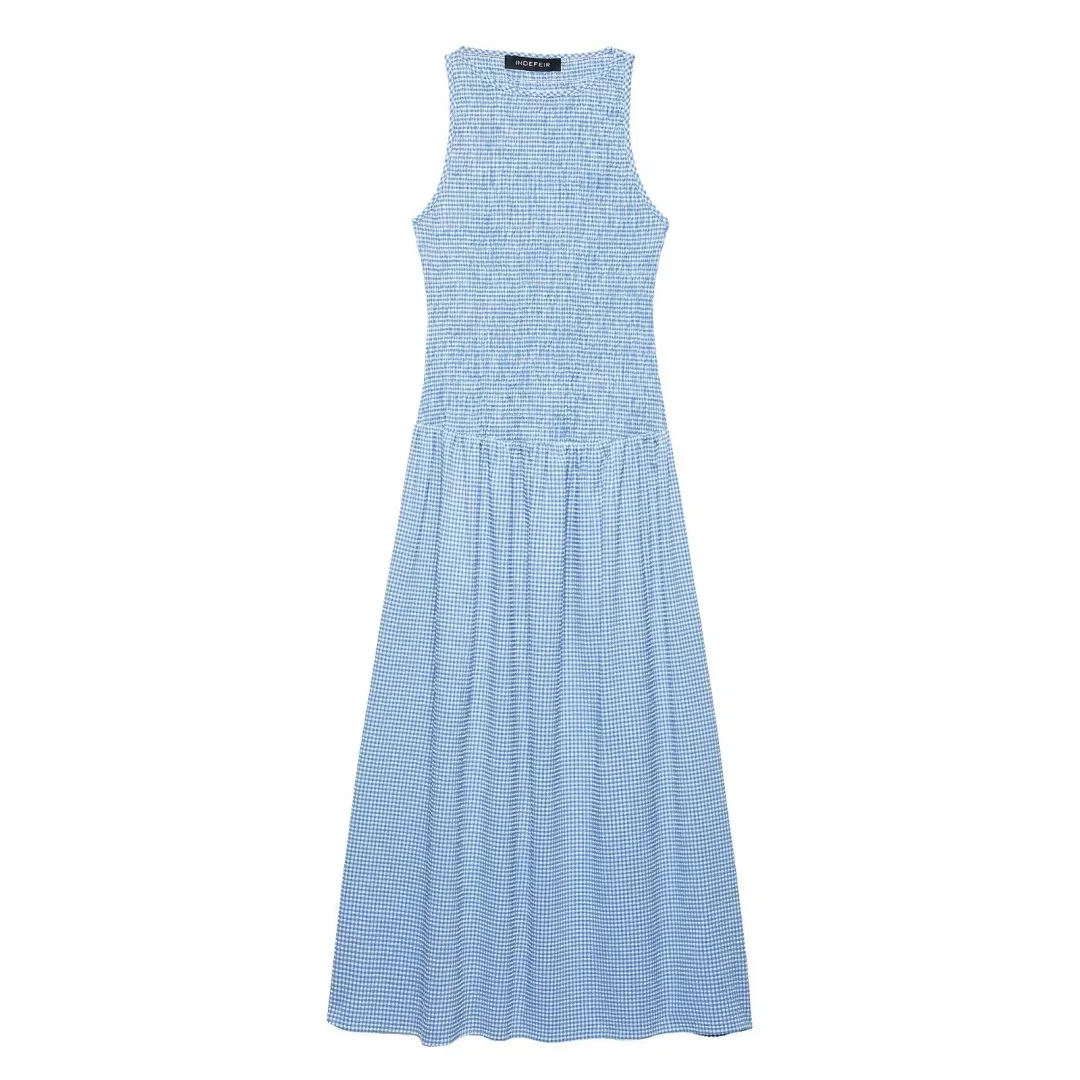 2025 novedad de verano vestido de mujer a la moda a cuadros plisado sin mangas cuello redondo Midi chaleco vestidos francés Chic ropa de noche femenina