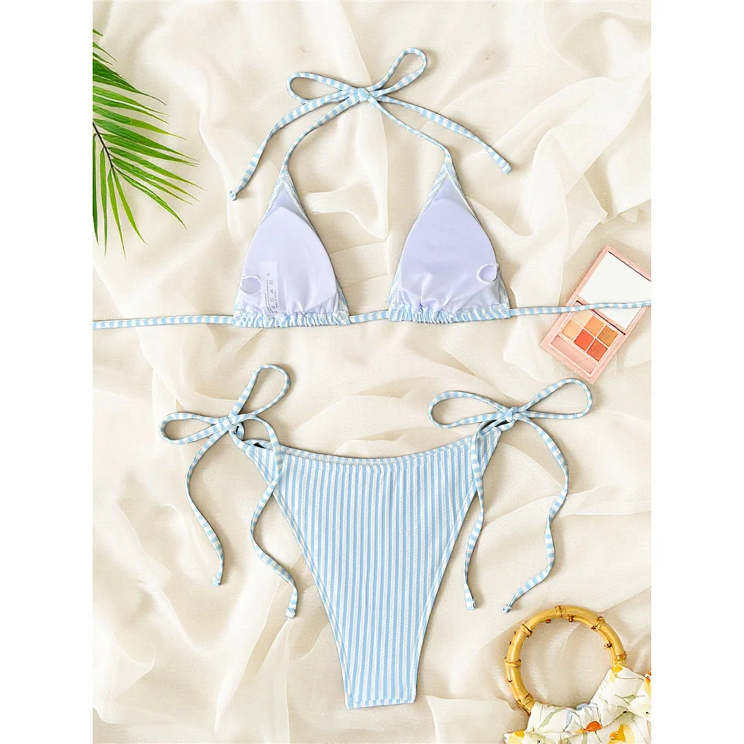 S - XL Gestreifter Neckholder-Bikini, Damen-Badeanzug, zweiteiliges Bikini-Set, hoch geschnittene Beine, Badebekleidung, Badeanzug, Schwimmbekleidung V8527 – Detail 19