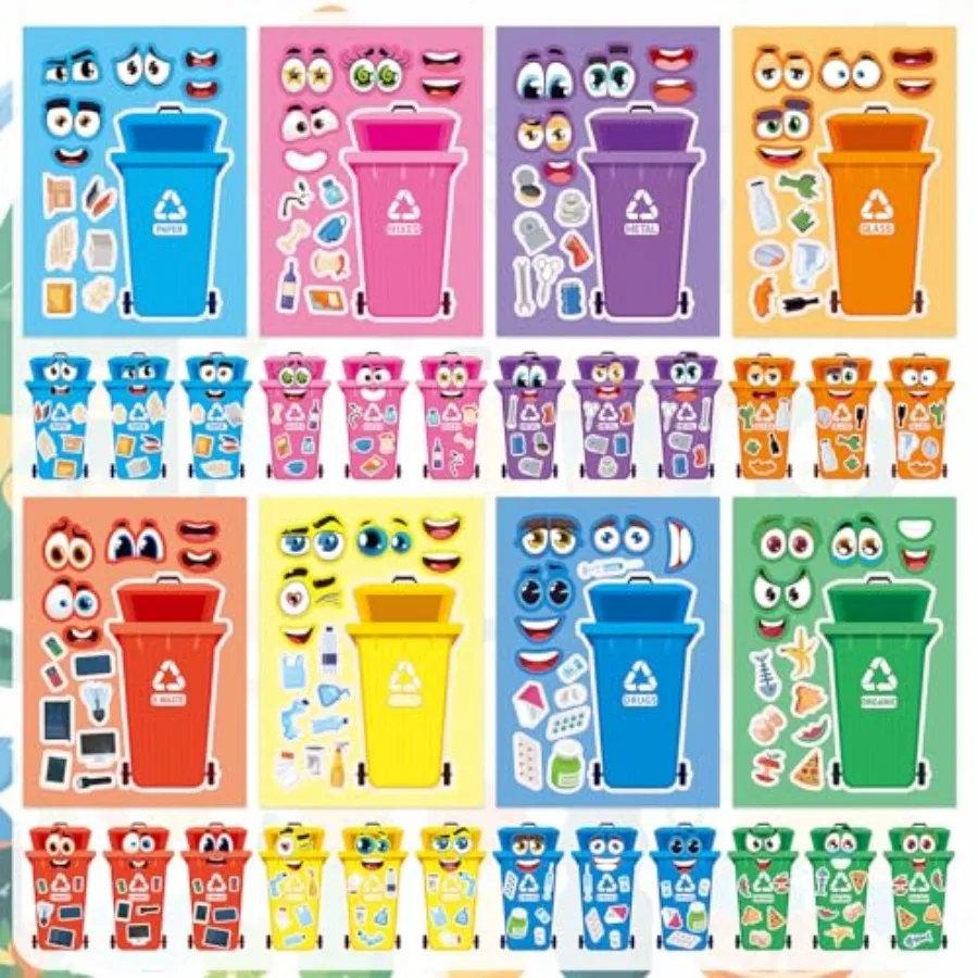 24 Sheets Recycling Bin Make a Face Sticker, Make Your Own Trash Bin Stickers Mix and Match Sticker for Home School Classroom C