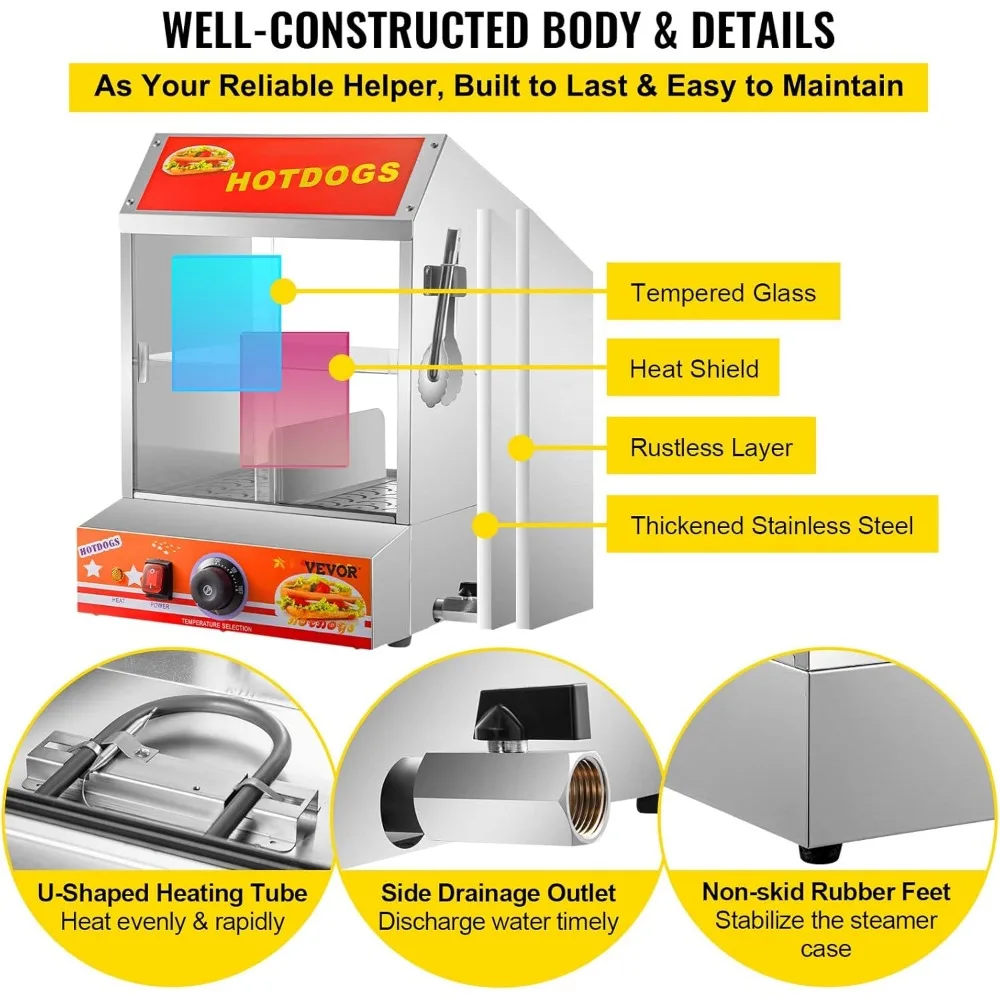Hot Dog Steamer com Vidro Temperado, Fogão Elétrico Bun Warmer, 2-Tier Hut Steamer para 175, 40 Buns, 27L, 28.54Qt