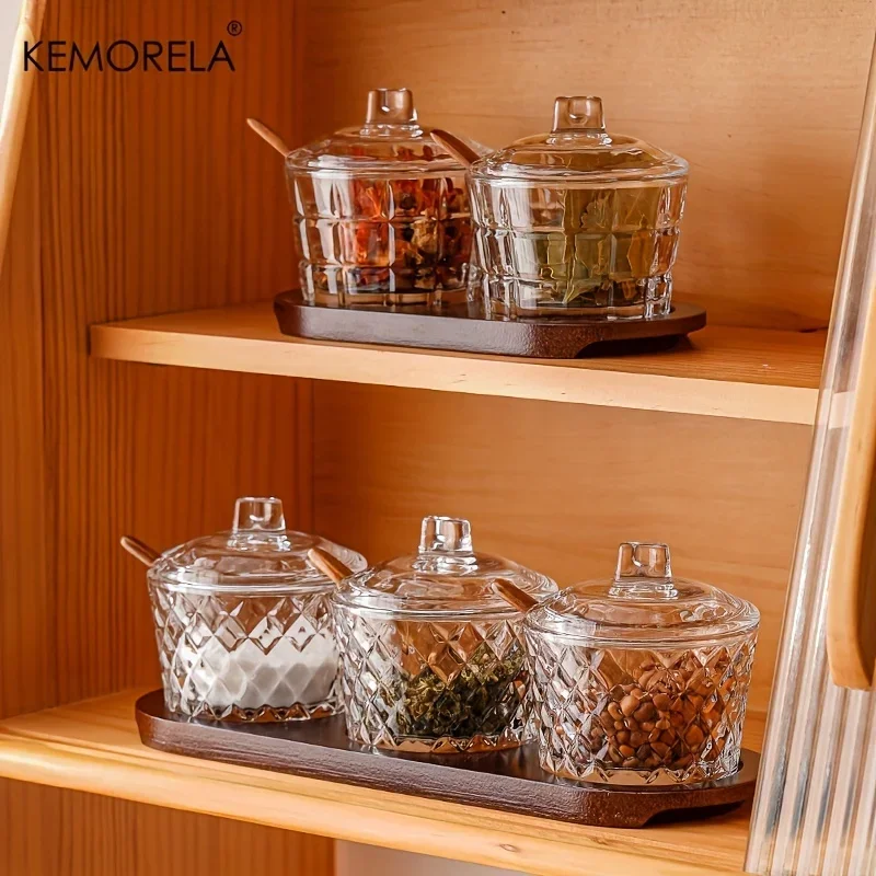 3PCS Glass Storage Jars Food Storage Containers With Spoon Serving Tray For Tea Coffee Beans Sugar Salt Biscuits Spices