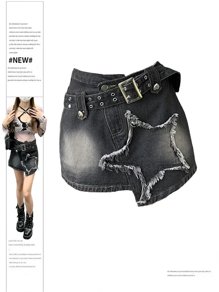 

Summer American Spicy Girl Black Gothic Denim Skirt New Retro Y2k Harajuku Fashion High Waist Versatile Women Mini Denim Skirt