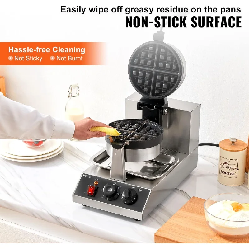 ماكينة صنع الوافل التجارية من VEVOR، قطعة واحدة لكل دفعة، مكواة الوافل المستديرة 1300 وات، ماكينة خبز الوافل غير اللاصقة، مقالي خبز مطلية بالتفلون