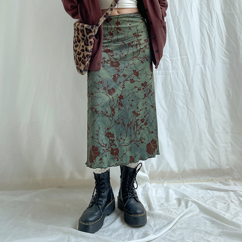 New Chinese Style Dark Print Retro Half Length Skirt for Women with High Waist, Halo Dyed Wood Ear Edge, Medium Length Skirt