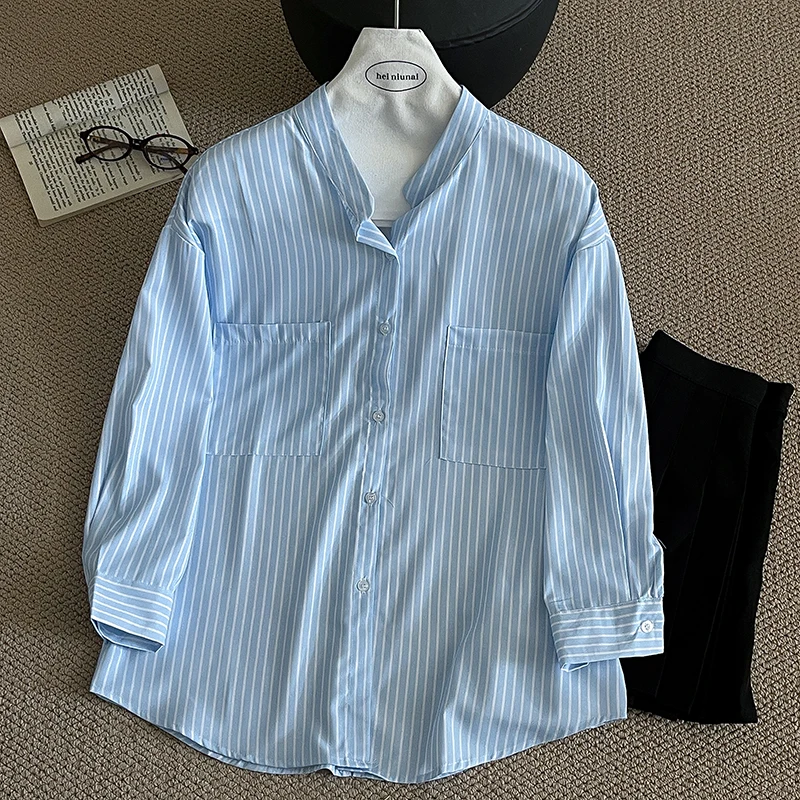 

Wedbleser Double Pocket Striped Long Shirt Jacket 2025 Autumn New Korean Version Versatile Western-style Pocket Cardigan Top