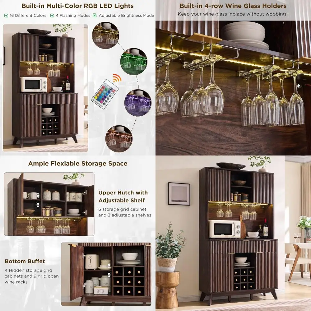 

Винный шкаф-бар из орехового дерева на 72 бутылки с LED-подсветкой, верхней полкой для хранения и стеллажом для бокалов для домашней кухни