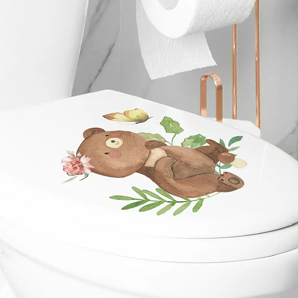 Humid Environment Sticker Whimsical Cartoon Bear Butterflies Toilet Sticker Removable Waterproof Pvc Wall Art for Room Bathroom