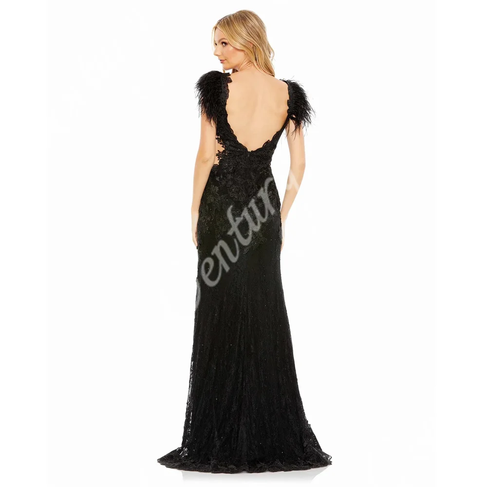 Black V Neck Evening Dresses for Women High Slit Customized Prom Dress Lace Applique Feather Formal Party Gowns robe de soirée