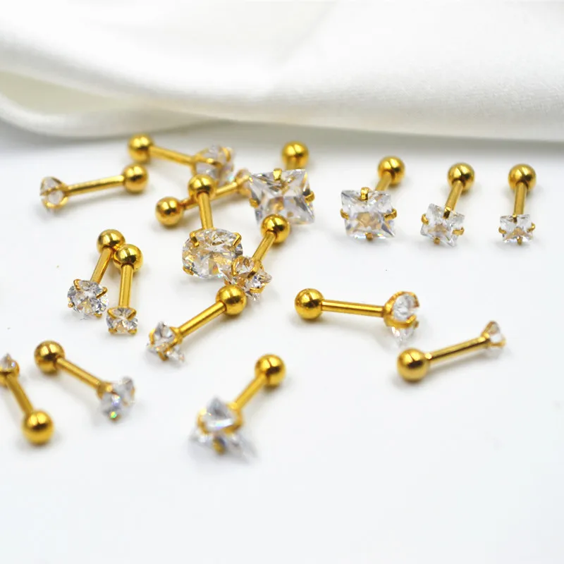 50pcs 16G Round/Heart/Star/Square/Trangle CZ Earring Ear Helix Bar Lobe Cartilage Tragus Diath Stud Gold PVD Piercing Jewelry