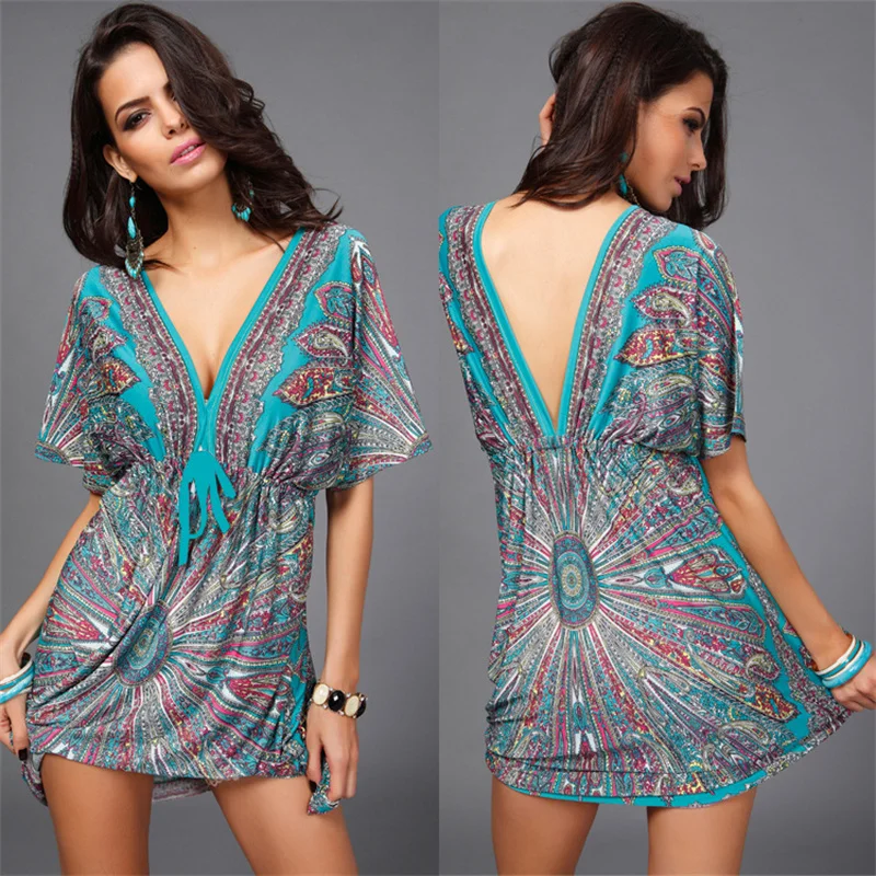 

Fashion New Spring Summer Women Sexy Deep V-Neck Printed Loose Dress Office Lady Home Skirt Casual Clothing Girl Party Gift Dr11