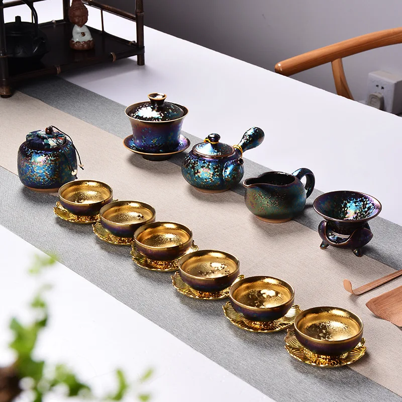 

17 Pcs Luxury Kung Fu Teaset 24k Gold-plated Tea Set High-end Bone China Teapot And Tea Cup With Dish Gaiwan Travel Tea Set