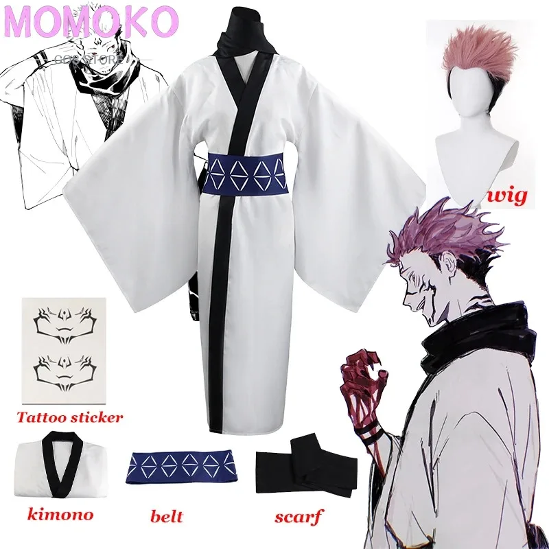 New 2025 Coatume Ryomen Sukuna Cosplay Wig Uniform Tattoo Stickers Halloween Party for Woman Man❤❤dd
