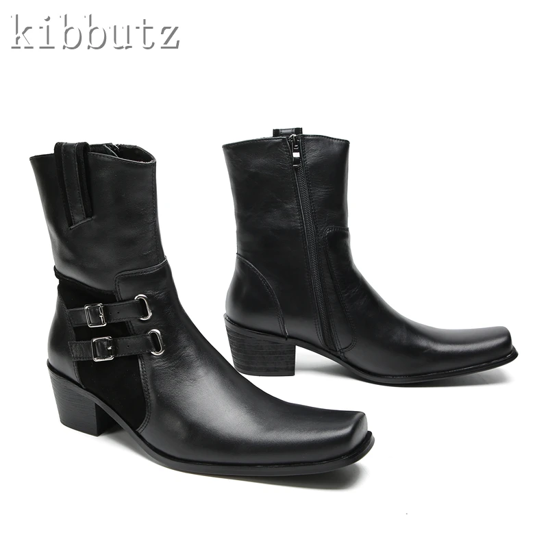 

Belt Buckle Black Ankle Boots for Men Sqaure Toe Genuine Leather High Heels Chelsea Boots Male Party Dress Business Shoes