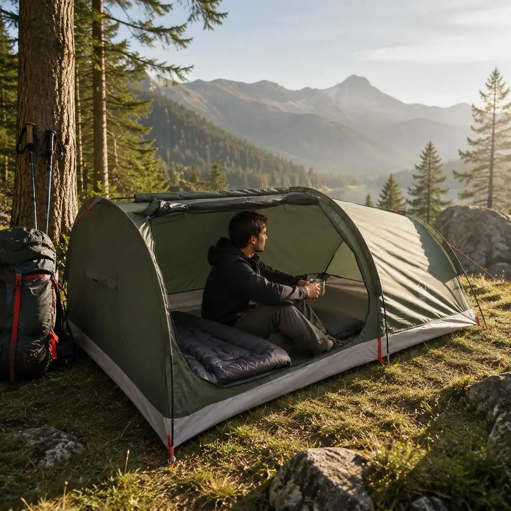 Armeegrünes Wasserdichtes Wanderzelt Tragbares Outdoor-Rucksackzelt Leichtes Reise-Campingzelt für Picknick, Garten und Rucksackreisen