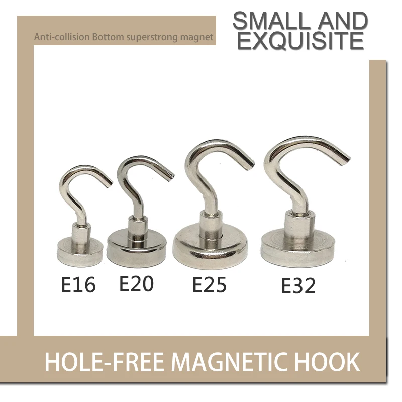 Magnetic Hook Neodymium Magnet E16/E20/E25/E32 Electroplating Metal Strong Hook Thick Wall Hook for Home Kitchen Organization